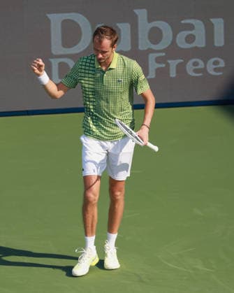 Daniil Medvedev, Dubai Duty Free Tennis Championships, Dubai, U A E , Daniil Medvedev makes a fist and cheers, cheers, joy, emotion Tennis Dubai Tennis Championships 2025 ATP Dubai Duty Free Tennis Stadium Dubai United Arab Emirates 24 February 2026 Copyright: xJuergenxHasenkopfx