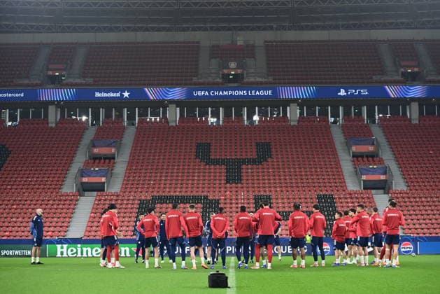 UEFA Champions League - Olympiacos Piraeus Training - Players of Olympiacos FC attend a training session ahead of the UEFA Champions League Play-Offs 2nd leg soccer match between Bayer 04 Leverkusen and Olympiacos FC in BayArena, Leverkusen, Germany, on 24 February 2026. IMAGO ONE INCH PRODUCTIONS LEVERKUSEN GERMANY Copyright: xONExINCHxPRODUCTIONSx 6867686