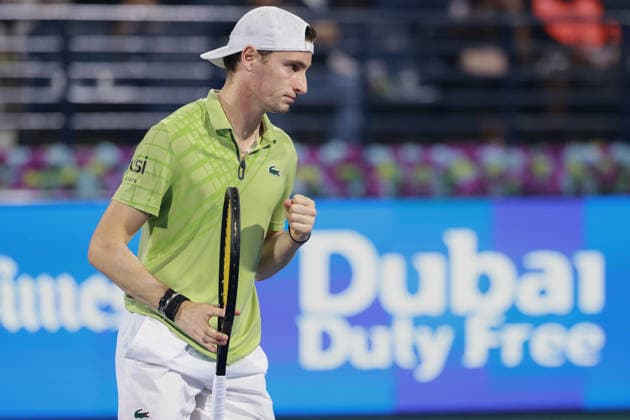 Ugo Humbert makes a fist and cheers,Cheers,Joy,Emotion, Dubai Duty Free Tennis Championships, Dubai, U A E Tennis Dubai Tennis Championships 2025 ATP Dubai Duty Free Tennis Stadium Dubai United Arab Emirates 24 February 2026 Copyright: xJuergenxHasenkopfx