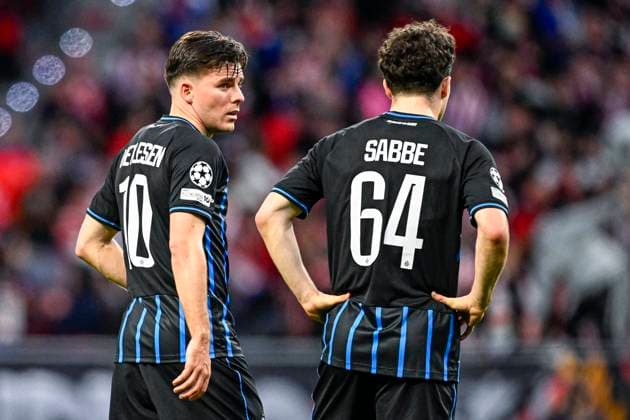 Atletico de Madrid v Club Brugge - UEFA Champions League MADRID, SPAIN - FEBRUARY 24 : Vetlesen Hugo midfielder of Club Brugge, Sabbe Kyriani defender of Club Brugge dejected after an opponent s goal during the UEFA Champions League 2025 26 knockout phase play-off match second leg between Atletico de Madrid and Club Brugge on February 24, 2026 in Madrid, Spain, 24 02 2026 Madrid Spain  Copyright: xTomasxSiskx