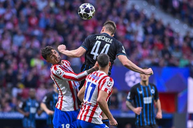 February 24, 2026, Madrid, Madrid, Spain: BRANDON MECHELE of Club Brujas KV clear with a header during the Champions League match, second leg of the Play-Off between ATLo°TICO DE MADRID and CLUB BRUJAS KV, held on February 24, 2026, at the Riad Air Metropolitano, Madrid, Spain. ATLETICO DE MADRID Vs CLUB BRUJAS KV Champions League Match, Season 25 26 (02 24 26)  - ZUMAc312 20260224_zsp_c312_022 Copyright: xOscarxManuelxSanchezx