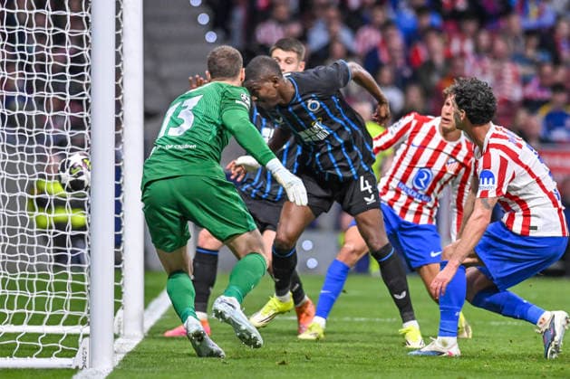 February 24, 2026, Madrid, Madrid, Spain: JOEL ORDONEZ of Club Brujas KV shoots for goal during the Champions League match, second leg of the Play-Off between ATLo°TICO DE MADRID and CLUB BRUJAS KV, held on February 24, 2026, at the Riad Air Metropolitano, Madrid, Spain. ATLETICO DE MADRID Vs CLUB BRUJAS KV Champions League Match, Season 25 26 (02 24 26) - ZUMAc312 20260224_zsp_c312_050 Copyright: xOscarxManuelxSanchezx