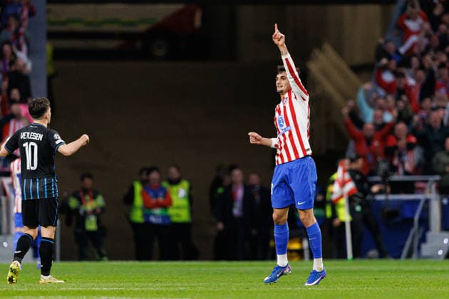 Marc Pubill seen celebrating after goal during UEFA Champions League knock out phase game between Atletico de Madrid and Club Brugge KV (Maciej Rogowski Ball Raw Images) Madrid Riyadh Air Metropolitano Spain Copyright: xMaciejxRogowskix maciejrogowski_atletico_clubbrugge_2526-05