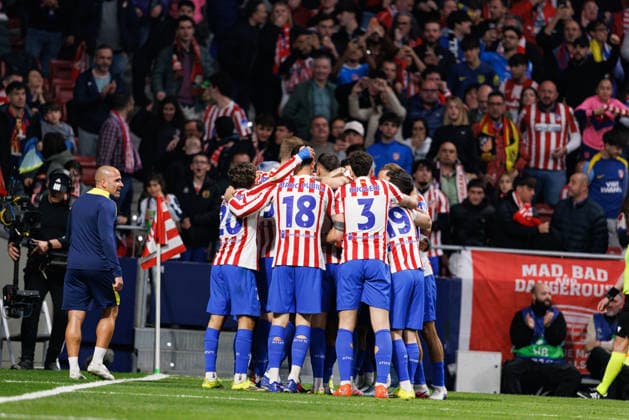 Players of Atletico seen celebrating after goal from Johnny Cardoso during UEFA Champions League knock out phase game between Atletico de Madrid and Club Brugge KV (Maciej Rogowski Ball Raw Images) Madrid Riyadh Air Metropolitano Spain Copyright: xMaciejxRogowskix maciejrogowski_atletico_clubbrugge_2526-29