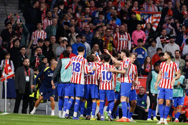 Players of Atletico seen celebrating after goal from Johnny Cardoso during UEFA Champions League knock out phase game between Atletico de Madrid and Club Brugge KV (Maciej Rogowski Ball Raw Images) Madrid Riyadh Air Metropolitano Spain Copyright: xMaciejxRogowskix maciejrogowski_atletico_clubbrugge_2526-33