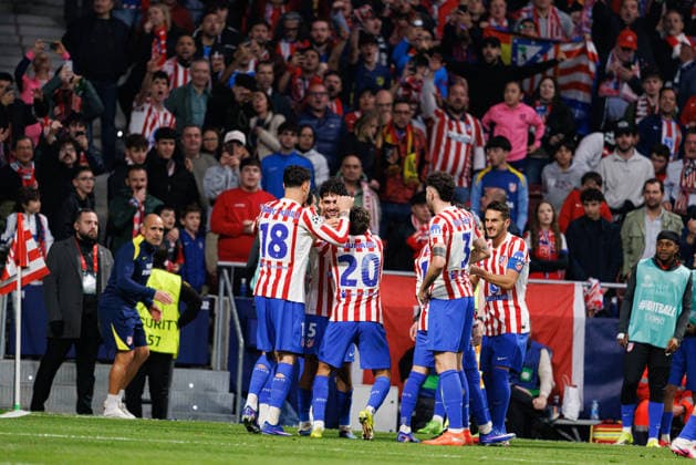 Players of Atletico seen celebrating after goal from Johnny Cardoso during UEFA Champions League knock out phase game between Atletico de Madrid and Club Brugge KV (Maciej Rogowski Ball Raw Images) Madrid Riyadh Air Metropolitano Spain Copyright: xMaciejxRogowskix maciejrogowski_atletico_clubbrugge_2526-34