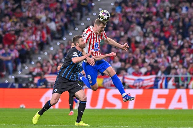 February 24, 2026, Madrid, Madrid, Spain: ALEXANDER SoËœRLOTH of Atletico de Madrid disputes a ball clear with a header during the Champions League match, second leg of the Play-Off between ATLo°TICO DE MADRID and CLUB BRUJAS KV, held on February 24, 2026, at the Riad Air Metropolitano, Madrid, Spain. Madrid Spain - ZUMAc312 20260224_zsp_c312_110 Copyright: xOscarxManuelxSanchezx