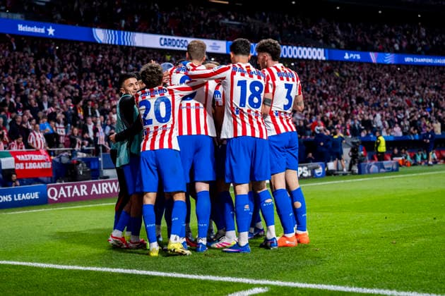 Atletico de Madrid v Club Brugge KV - UEFA Champions League 2025 26 League Knockout Play-off Second Leg Players of Atletico de Madrid (from L to R) Giuliano Simeone, Alexander Sorloth, Marc Pubill, Matteo Ruggeri celebrates a goal during the UEFA Champions League 2025 26 League Knockout Play-off Second Leg match between Atletico de Madrid and Club Brugge KV at Estadio Riyadh Air Metropolitano on February 24, 2026 in Madrid, Spain. Madrid Estadio Riyadh Air Metropolitano Madrid Spain Copyright: xAlbertoxGardinx AGardin_20260224_Foot_Champ_Atl_Mad_Bru_0859