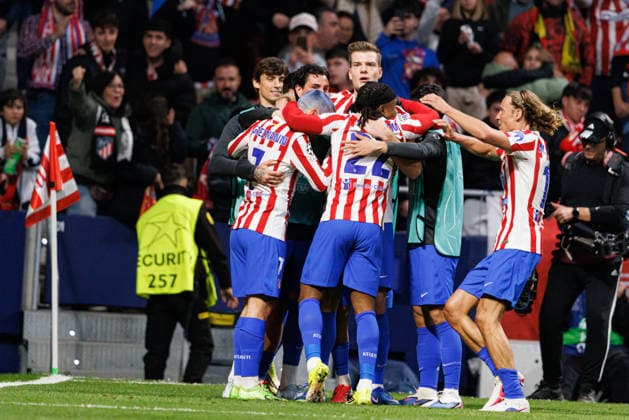 Player of Atletico seen celebrating after goal from Alexander Sorloth during UEFA Champions League knock out phase game between Atletico de Madrid and Club Brugge KV (Maciej Rogowski Ball Raw Images) Madrid Riyadh Air Metropolitano Spain Copyright: xMaciejxRogowskix maciejrogowski_atletico_clubbrugge_2526-53