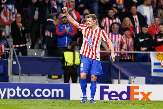 Alexander Sorloth seen celebrating after scoring goal during UEFA Champions League knock out phase game between Atletico de Madrid and Club Brugge KV (Maciej Rogowski Ball Raw Images) Madrid Riyadh Air Metropolitano Spain Copyright: xMaciejxRogowskix maciejrogowski_atletico_clubbrugge_2526-58