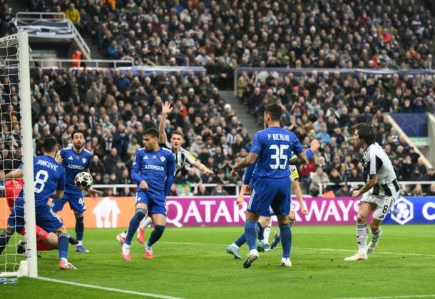 Sandro Tonali of Newcastle United scores their first goal Newcastle United v Qarabag, UEFA Champions League, Knockout Round Play-Offs, Second Leg, Football, St James Park, Newcastle, UK - 24 Feb 2026Newcastle St James Park Azerbaijan EDITORIAL USE ONLY No use with unauthorised audio, video, data, fixture lists, club league logos or live services. Online in-match use limited to 120 images, no video emulation. No use in betting, games or single club league player publications.  Copyright: xRichardxLee Shutterstockx 16693044aj