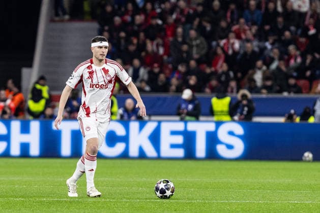 UEFA Champions League Bayer 04 Leverkusen Olympiacos FC 24 02 2026 Lorenzo Pirola Olympiacos FC, 5 UEFA Champions League Bayer 04 Leverkusen Olympiacos FC BayArena, Leverkusen 24 02 2026 Copyright: xBEAUTIFULxSPORTS Buriakovx