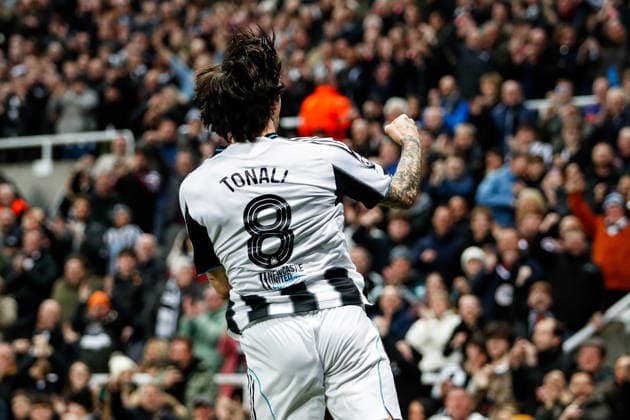 Newcastle United v QarabaÄü FK UEFA Champions League Sandro Tonali of Newcastle United celebrates after scoring his teams first goal during the UEFA Champions League Knockout Play-off Second Leg match at St. James s Park, Newcastle 24 02 2026 UK Newspapers OUT Copyright: xMaxxTomlinsonx FIL-23037-0033