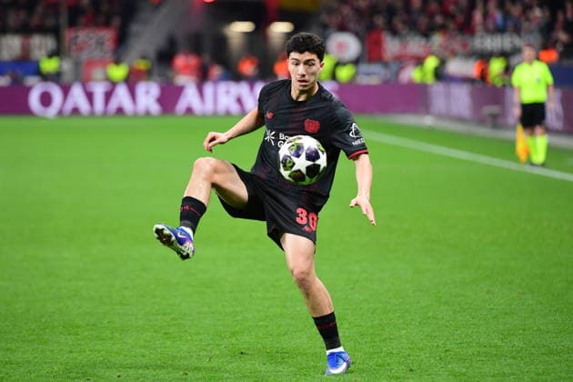 Bayer 04 Leverkusen v Olympiacos - UEFA Champions League LEVERKUSEN, GERMANY - FEBRUARY 24: Ibrahim Maza (30) of Bayer 04 Leverkusen in action during the UEFA Champions League play-off match between Bayer 04 Leverkusen and Olympiacos at BayArena in Leverkusen, Germany, on February 24, 2026. Hesham Elsherif Anadolu Leverkusen Germany. Editorial use only. Please get in touch for any other usage.  Copyright: x2026xAnadoluxHeshamxElsherifx
