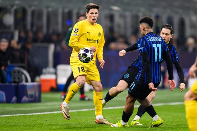 260224 Sondre Brunstad Fet of Bodo Glimt during the UEFA Champions League football match between Inter and Bodo Glimt on February 24, 2026 in Milan Photo Marius Simensen BILDBYRAN COP 238 MM0057 bbeng football fotball fotboll soccer uefa champions league mesterligaen bodo glimt inter fc internazionale milano  Copyright: MARIUSxSIMENSEN BB260224BB361