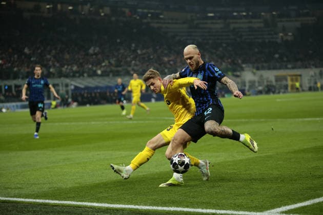 Federico Di Marco of FC Inter and Jens Petter Hauge of FK Bodo Glimt during the Uefa Champions League, second leg play-off, season 2025 2026, football match between, FC Internazionale Milano v Fotballklubben Bodo Glimt on 24 February 2026 at â?? Giuseppe Meazza Stadium, San Siro, Milan, Italy Photo Nderim Kaceli  Copyright: xNderimxKaceli IPAxSportx xipa-agency.netx xx IPA_71977786 IPA_Agency_IPA71977786