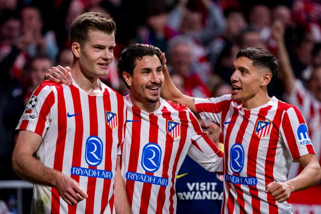 Atletico de Madrid v Club Brugge KV - UEFA Champions League 2025 26 League Knockout Play-off Second Leg Alexander Sorloth of Atletico de Madrid (L) celebrates his goal with Jose Maria Gimenez (C) and Nahuel Molina (R) of Atletico de Madrid during the UEFA Champions League 2025 26 League Knockout Play-off Second Leg match between Atletico de Madrid and Club Brugge KV at Estadio Riyadh Air Metropolitano on February 24, 2026 in Madrid, Spain. Madrid Estadio Riyadh Air Metropolitano Madrid Spain Copyright: xAlbertoxGardinx AGardin_20260224_Foot_Champ_Atl_Mad_Bru_1082