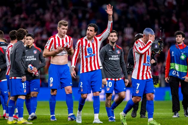 Atletico de Madrid v Club Brugge KV - UEFA Champions League 2025 26 League Knockout Play-off Second Leg Jose Maria Gimenez (C) of Atletico de Madrid celebrates with his teammates after winning the UEFA Champions League 2025 26 League Knockout Play-off Second Leg match between Atletico de Madrid and Club Brugge KV at Estadio Riyadh Air Metropolitano on February 24, 2026 in Madrid, Spain. Madrid Estadio Riyadh Air Metropolitano Madrid Spain Copyright: xAlbertoxGardinx AGardin_20260224_Foot_Champ_Atl_Mad_Bru_1088