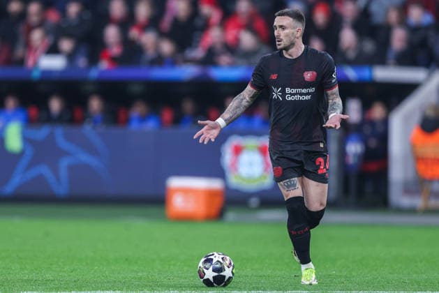 Soccer Champions League Play off second leg Bayer 04 Leverkusen Olympiakos Piraeus on 24 02 2026 at the BayArena in Leverkusen Aleix Garcia Leverkusen xJRx