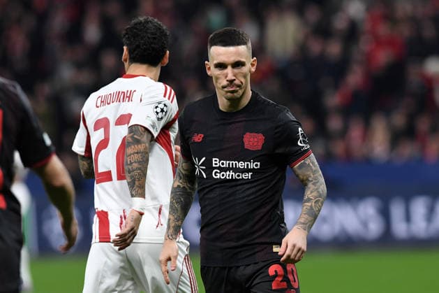 Alejandro Grimaldo Bayer 04 Leverkusen looks on during the UEFA Champions League 2025 26 League Knockout Play off Second Leg match between Bayer 04 Leverkusen and Olympiakos Piraeus, BayArena on February 24, 2026 in Leverkusen, Germany, Germany Photo by Ralf Treese DeFodi Images Alejandro Grimaldo Bayer 04 Leverkusen looks on during the UEFA Champions League 2025 26 League Knockout Play off Second Leg match between Bayer 04 Leverkusen and Olympiacos FC at BayArena on February 24, 2026 in Leverkusen, Germany Photo by Ralf Treese DeFodi Images