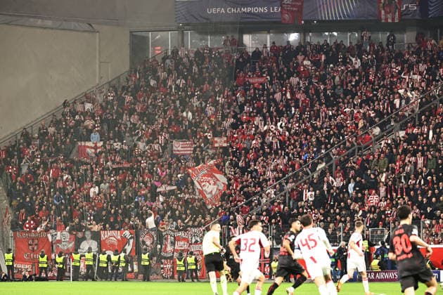 GER, Champions League, Bayer Leverkusen vs Olympiakos Piraeus 24 02 2026, BayArena, Leverkusen, GER, Champions League, Bayer Leverkusen vs Olympiakos Piraeus in the picture of the guest block of the Greek fans of Olympiakos Piraeus nordphotoxGmbHx xSJS nph00070