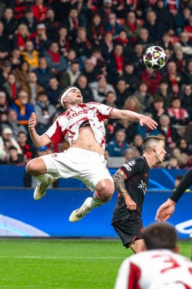 UEFA Champions League 2025 2026 Bayer 04 Leverkusen vs Olympiakos Piraeus, Play Offs second leg, Tuesday, 23 02 2026 BayArena Nordrhein Westfalen, Germany Lorenzo Pirola Olympiakos Piraeus, 5 Copyright: xCelinaxLeiersx
