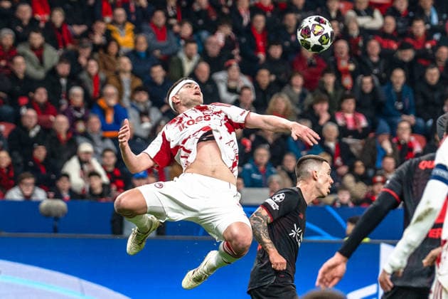 UEFA Champions League 2025 2026 Bayer 04 Leverkusen vs Olympiakos Piraeus, Play Offs second leg, Tuesday, 23 02 2026 BayArena Nordrhein Westfalen, Germany Lorenzo Pirola Olympiakos Piraeus, 5 Copyright: xCelinaxLeiersx