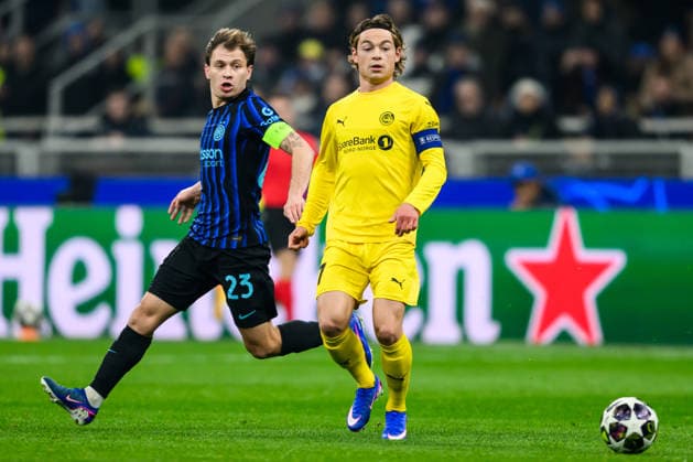 260224 NicolÃ² Barella of Inter and Patrick Berg of Bodo Glimt during the UEFA Champions League football match between Inter and Bodo Glimt on February 24, 2026 in Milan Photo Marius Simensen BILDBYRAN COP 238 MM0057 bbeng football fotball fotboll soccer uefa champions league mesterligaen bodo glimt inter fc internazionale milano  Copyright: MARIUSxSIMENSEN BB260224BB398