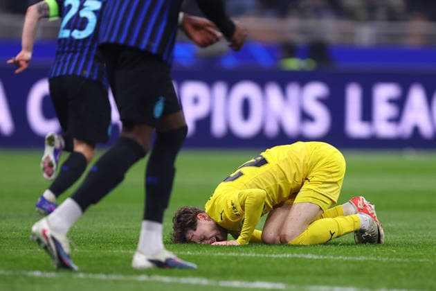 Hakon Evjen (FK Bodo Glimt) lies on the ground, UEFA Champions League 2025 26 League Play-off second leg, FC Internazionale Milano v FK Bodo Glimt, Stadio Giuseppe Meazza (San Siro), February 24, 2026, Milan, Italy.