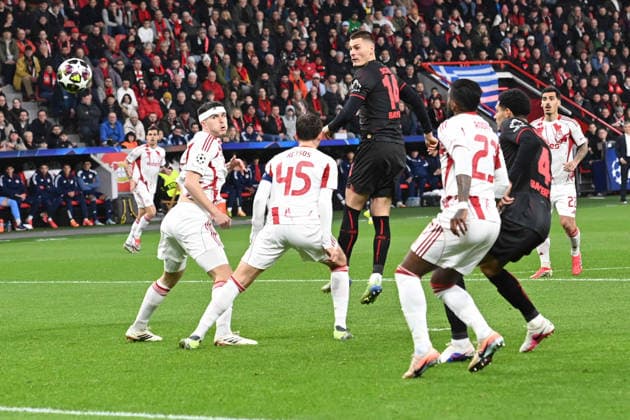 Patrik SCHICK LEV Goal chance, action, single action Football Champions League, Play Offs, Bayer 04 Leverkusen LEV Olympiakos Piraeus PI on 24 02 2026 in Leverkusen Germany UEFA regulations prohibit any use of photographs as image sequences and or quasi video Â