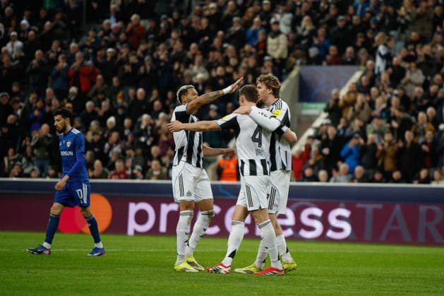 Newcastle United v FK QARABAG, Champions League Sven Botman of Newcastle United celebrates scoring his sides third goal of the match 3-1 during the Champions League match between Newcastle United and FK QARABAG at St. James s Park, Newcastle, UK on 24 February 2026. Newcastle St. James s Park Tyne and Wear UK Editorial use only , Copyright: xCraigxCowanx PSI-23795-0078