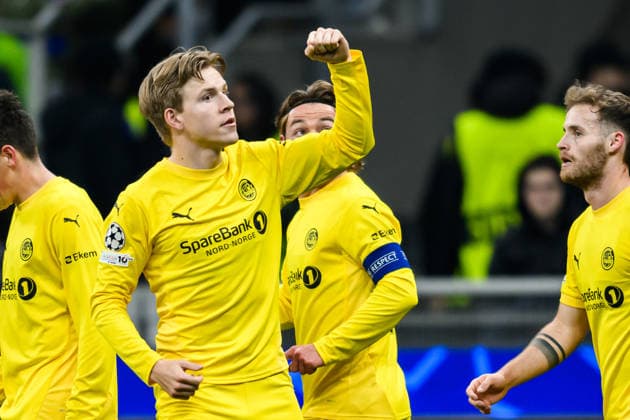 260224 Jens Petter Hauge of Bodo Glimt celebrates after 0 1 during the UEFA Champions League football match between Inter and Bodo Glimt on February 24, 2026 in Milan Photo Marius Simensen BILDBYRAN COP 238 MM0057 bbeng football fotball fotboll soccer uefa champions league mesterligaen bodo glimt inter fc internazionale milano jubel  Copyright: MARIUSxSIMENSEN BB260224BB454