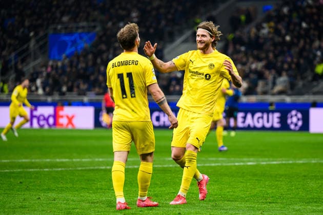 260224 Ole Didrik Blomberg and Kasper Hogh of Bodo Glimt celebrate after 0 1 during the UEFA Champions League football match between Inter and Bodo Glimt on February 24, 2026 in Milan Photo Marius Simensen BILDBYRAN COP 238 MM0057 bbeng football fotball soccer uefa champions league mesterligaen bodo glimt inter fc internazionale milano jubel  Copyright: MARIUSxSIMENSEN BB260224BB458