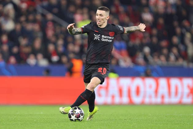 Alejandro Grimaldo Bayer 04 Leverkusen controls the ball during the UEFA Champions League 2025 26 League Knockout Play off Second Leg match between Bayer 04 Leverkusen and Olympiacos FC at BayArena on February 24, 2026 in Leverkusen, Germany Photo by Oliver Kaelke DeFodi Images