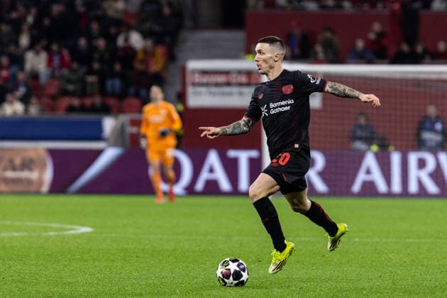 UEFA Champions League Bayer 04 Leverkusen Olympiacos FC 24 02 2026 Alejandro Grimaldo Bayer 04 Leverkusen, 20 UEFA Champions League Bayer 04 Leverkusen Olympiacos FC BayArena, Leverkusen 24 02 2026 Copyright: xBEAUTIFULxSPORTS Buriakovx