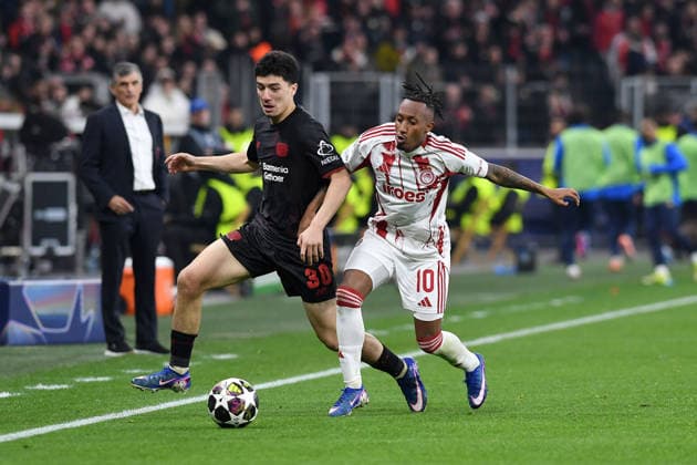 Ibrahim Maza Bayer 04 Leverkusen and Gelson Martins Olympiakos FC in a duel during the UEFA Champions League 2025 26, Play offs, second leg match between Bayer 04 Leverkusen and Olympiakos Piraeus, BayArena on February 24, 2026 in Leverkusen, Germany Photo by Ralf Treese DeFodi Images Ibrahim Maza Bayer 04 Leverkusen and Gelson Martins Olympiakos FC battle for the ball during the UEFA Champions League 2025 26 League Knockout Play off Second Leg match between Bayer 04 Leverkusen and Olympiacos FC at BayArena on February 24, 2026 in Leverkusen, Germany Photo by Ralf Treese DeFodi Images