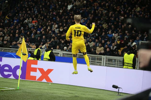 Jens Petter Hauge of FK Bodo Glimt celebrating after a goal during the Uefa Champions League, second leg play-off, season 2025-2026, football match between, FC Internazionale Milano v Fotballklubben Bodo Glimt on 24 February 2026 at â?? Giuseppe Meazza Stadium, San Siro, Milan, Italy Photo Nderim Kaceli  Copyright: xNderimxKaceli IPAxSportx xipa-agency.netx xx IPA_71980591 IPA_Agency_IPA71980591