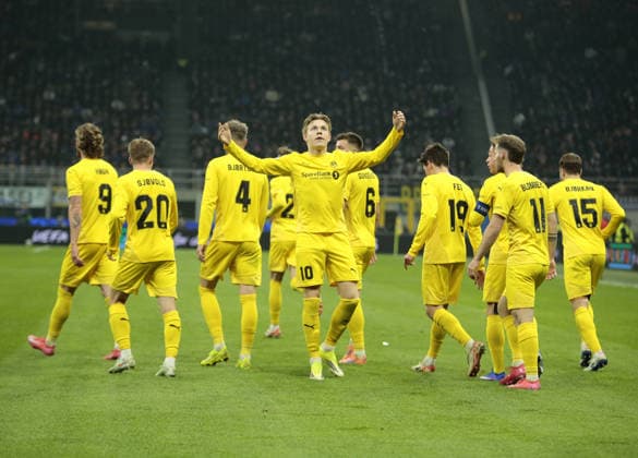 Jens Petter Hauge of FK Bodo Glimt celebrating with team mates after a goal during the Uefa Champions League, second leg play-off, season 2025-2026, football match between, FC Internazionale Milano v Fotballklubben Bodo Glimt on 24 February 2026 at â?? Giuseppe Meazza Stadium, San Siro, Milan, Italy Photo Nderim Kaceli  Copyright: xNderimxKaceli IPAxSportx xipa-agency.netx xx IPA_71980611 IPA_Agency_IPA71980611