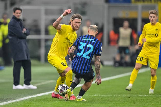 Kasper Hogh FK Bodo Glimt and Frderico Dimarco FC Internazionale Milano battle for the ball during the UEFA Champions League 2025 26 League Knockout Play off Second Leg match between FC Internazionale Milano and FK Bodo Glimt at Stadio San Siro on February 24, 2026 in Milan, Italy Photo by Harry Langer DeFodi Images
