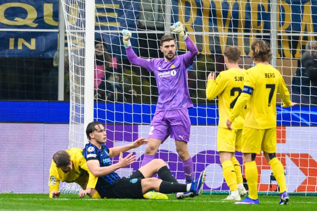 260224 Goalkeeper Nikita Haikin of Bodo Glimt during the UEFA Champions League football match between Inter and Bodo Glimt on February 24, 2026 in Milan Photo Marius Simensen BILDBYRAN COP 238 MM0057 bbeng football fotball fotboll soccer uefa champions league mesterligaen bodo glimt inter fc internazionale milano  Copyright: MARIUSxSIMENSEN BB260224BB523