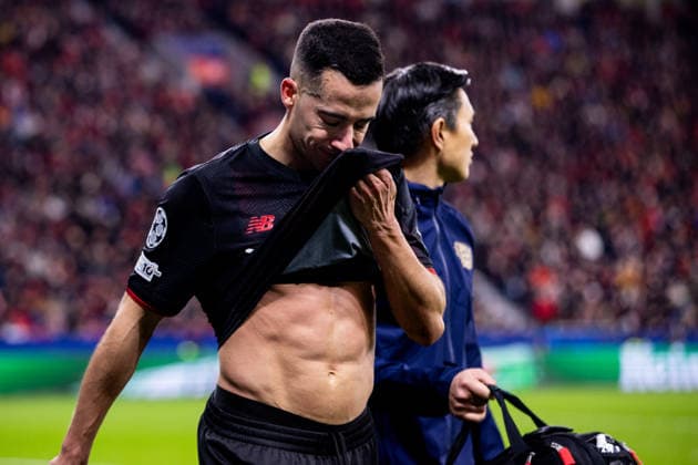 LEVERKUSEN, GERMANY - FEBRUARY 24: Lucas Vazquez of Bayer 04 Leverkusen reacts after being substituted during the UEFA Champions League 2025 26 League Knockout Play-off Second Leg match between Bayer 04 Leverkusen and Olympiacos FC at BayArena on February 24, 2026 in Leverkusen, Germany. (Photo by Rene Nijhuis) SPO  Copyright: xRenexNijhuis