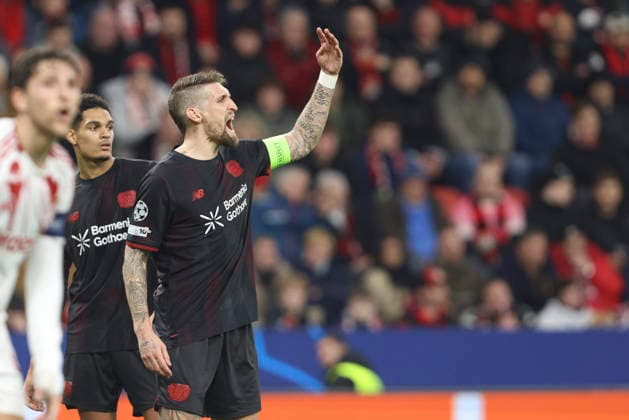 Robert Andrich Bayer 04 Leverkusen gestures during the UEFA Champions League 2025 26 League Knockout Play off Second Leg match between Bayer 04 Leverkusen and Olympiacos FC at BayArena on February 24, 2026 in Leverkusen, Germany Photo by Oliver Kaelke DeFodi Images