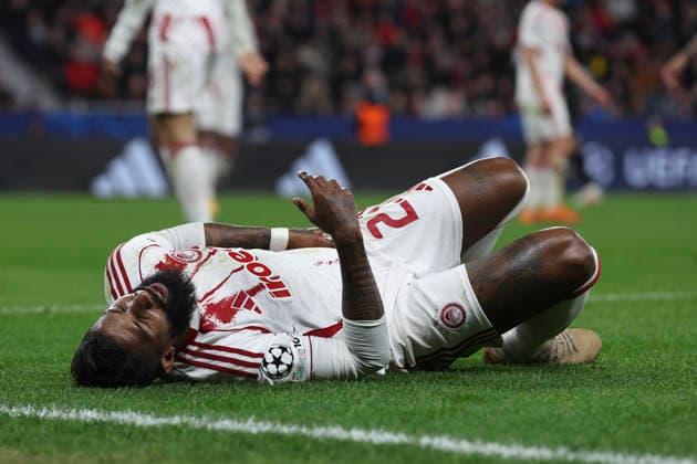 Rodinei Olympiacos FC injured on the ground during the UEFA Champions League 2025 26 League Knockout Play off Second Leg match between Bayer 04 Leverkusen and Olympiacos FC at BayArena on February 24, 2026 in Leverkusen, Germany Photo by Oliver Kaelke DeFodi Images