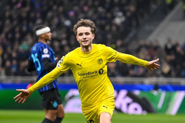 Hakon Evjen FK Bodo Glimt celebrates after scoring his team s second goal during the UEFA Champions League 2025 26 League Knockout Play off Second Leg match between FC Internazionale Milano and FK Bodo Glimt at Stadio San Siro on February 24, 2026 in Milan, Italy Photo by Harry Langer DeFodi Images