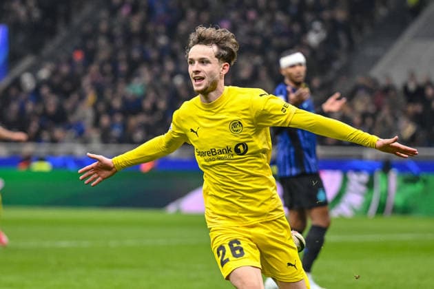 Hakon Evjen FK Bodo Glimt celebrates after scoring his team s second goal during the UEFA Champions League 2025 26 League Knockout Play off Second Leg match between FC Internazionale Milano and FK Bodo Glimt at Stadio San Siro on February 24, 2026 in Milan, Italy Photo by Harry Langer DeFodi Images