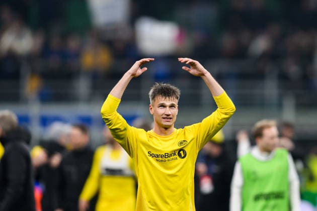 260224 Odin Bjortuft of Bodo Glimt celebrates after the UEFA Champions League football match between Inter and Bodo Glimt on February 24, 2026 in Milan Photo Marius Simensen BILDBYRAN COP 238 MM0057 bbeng football fotball fotboll soccer uefa champions league mesterligaen bodo glimt inter fc internazionale milano jubel  Copyright: MARIUSxSIMENSEN BB260224BB569