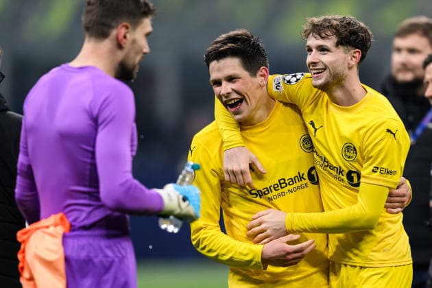 260224 Sondre Brunstad Fet and Hakon Evjen of Bodo Glimt celebrate after the UEFA Champions League football match between Inter and Bodo Glimt on February 24, 2026 in Milan Photo Marius Simensen BILDBYRAN COP 238 MM0057 bbeng football fotball fotboll soccer uefa champions league mesterligaen bodo glimt inter fc internazionale milano jubel  Copyright: MARIUSxSIMENSEN BB260224BB577