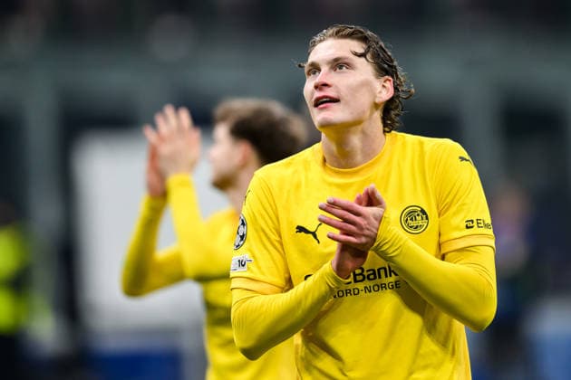 260224 Isak Dybvik Määttä of Bodo Glimt celebrates after the UEFA Champions League football match between Inter and Bodo Glimt on February 24, 2026 in Milan Photo Marius Simensen BILDBYRAN COP 238 MM0057 bbeng football fotball fotboll soccer uefa champions league mesterligaen bodo glimt inter fc internazionale milano  Copyright: MARIUSxSIMENSEN BB260224BB585