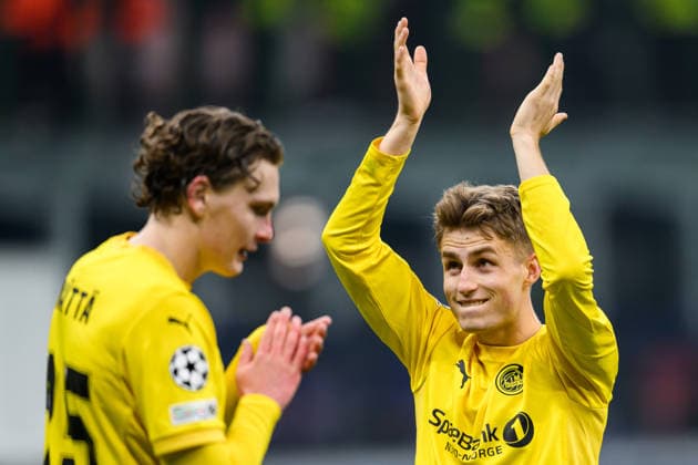 260224 Fredrik Sjovold of Bodo Glimt celebrates after the UEFA Champions League football match between Inter and Bodo Glimt on February 24, 2026 in Milan Photo Marius Simensen BILDBYRAN COP 238 MM0057 bbeng football fotball fotboll soccer uefa champions league mesterligaen bodo glimt inter fc internazionale milano jubel  Copyright: MARIUSxSIMENSEN BB260224BB586