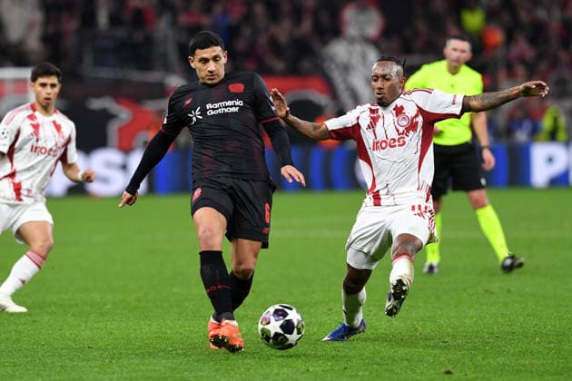 Equi Fernandez Bayer 04 Leverkusen and Gelson Martins Olympiakos FC in a duel during the UEFA Champions League 2025 26, Play offs, second leg match between Bayer 04 Leverkusen and Olympiakos Piraeus, BayArena on February 24, 2026 in Leverkusen, Germany Photo by Ralf Treese DeFodi Images Equi Fernandez Bayer 04 Leverkusen and Gelson Martins Olympiakos FC battle for the ball during the UEFA Champions League 2025 26 League Knockout Play off Second Leg match between Bayer 04 Leverkusen and Olympiacos FC at BayArena on February 24, 2026 in Leverkusen, Germany Photo by Ralf Treese DeFodi Images